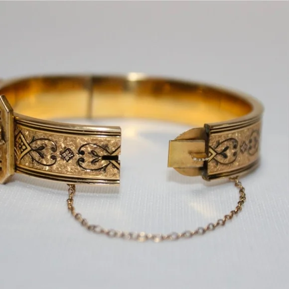 Antique Victorian 10K Gold Filled Enamel Taille D'Epargne Buckle Bangle Bracelet - Picture 5 of 8